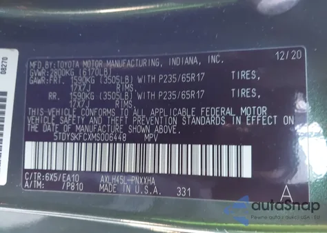 2021 Toyota Sienna Xle z USA, uszkodzony, nr VIN 5TDYSKFCXMS006448